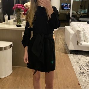 Mock neck black long sleeve dress with ruffled bib